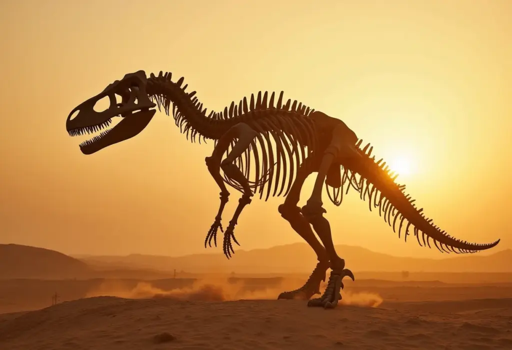 Spinosaurus aegyptiacus: O segredo chocante que a ciência escondeu Esqueleto colossal de Spinosaurus no deserto egípcio ao pôr do sol.