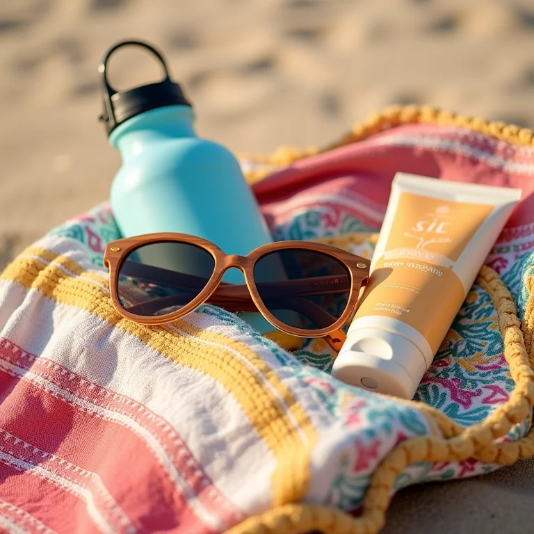 Essenciais para um dia de praia na Praia do Saco: água, óculos de sol, livro e protetor solar.
