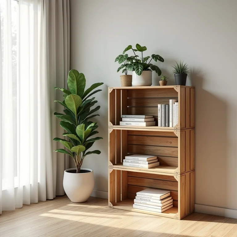 Estante charmosa feita com caixotes de feira na sala de estar.