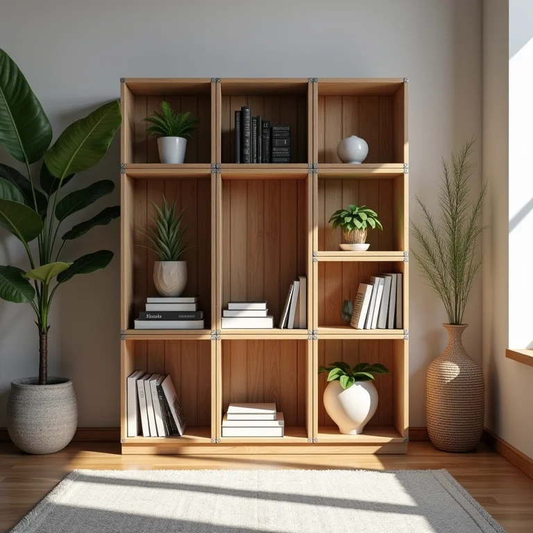 Estante charmosa feita de caixotes de feira na sala de estar