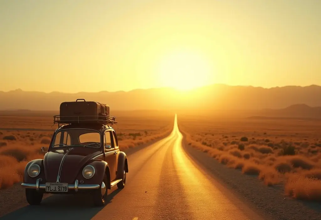 Guia Quatro Rodas: O segredo para planejar sua viagem perfeita Estrada panorâmica com carro vintage e bagagem.