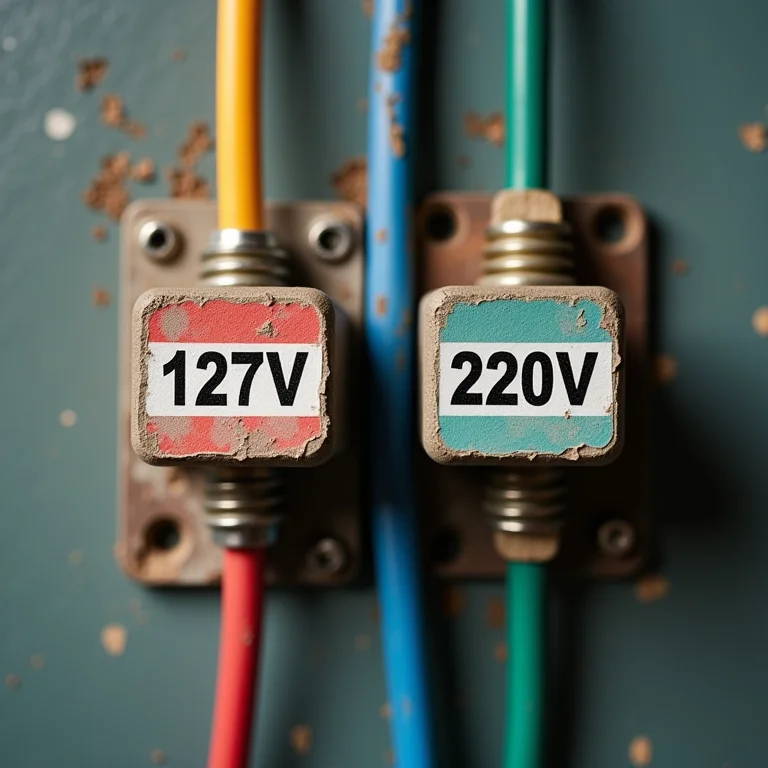 Etiquetas de voltagem (127V e 220V) com fios coloridos