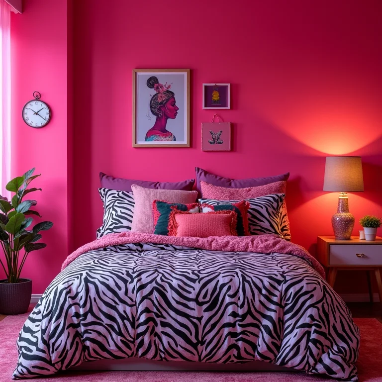 Exagero de cores e estampas em quarto de adolescente.