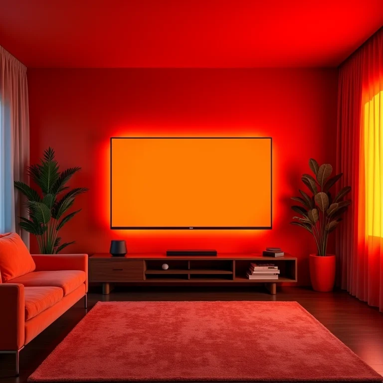 Excesso de cores vibrantes em sala de TV