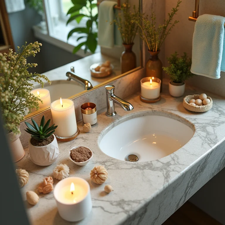 Excesso de objetos decorativos em um lavabo pequeno.