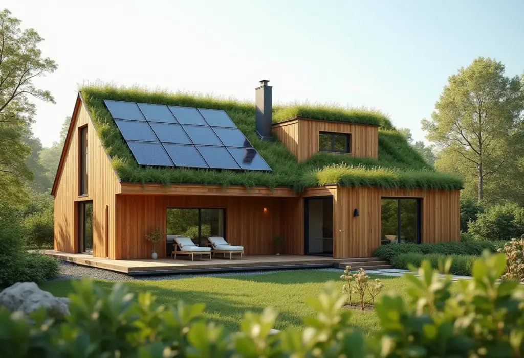 Casas Sustentáveis no Brasil: O guia definitivo para construir a sua Fachada de uma casa moderna com painéis solares e telhado verde, representando casas sustentáveis no Brasil.