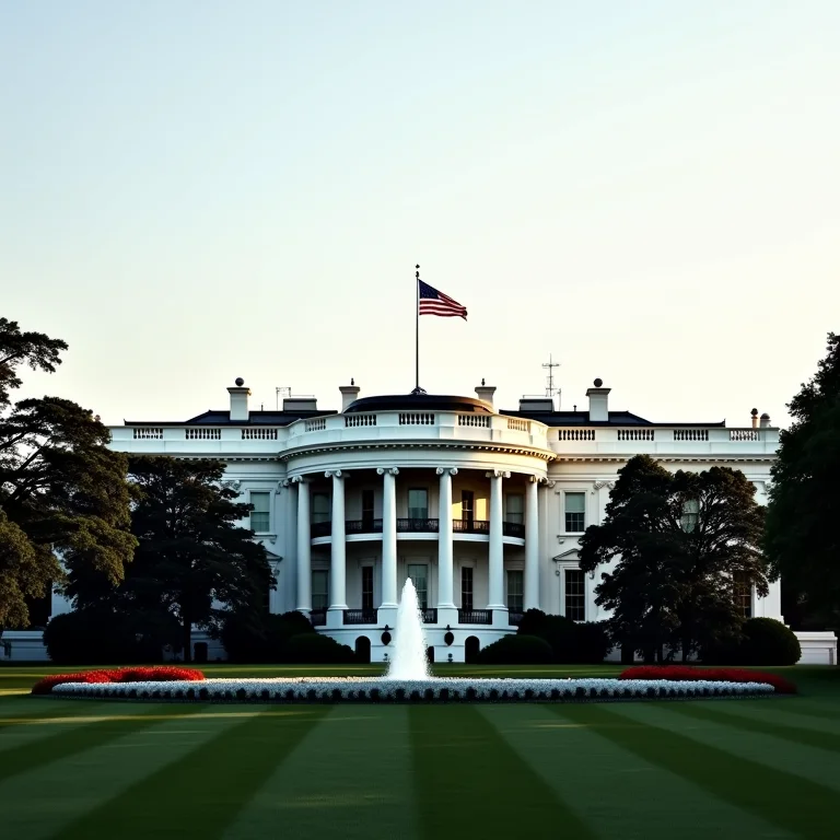Fachada norte da Casa Branca com a bandeira dos EUA.
