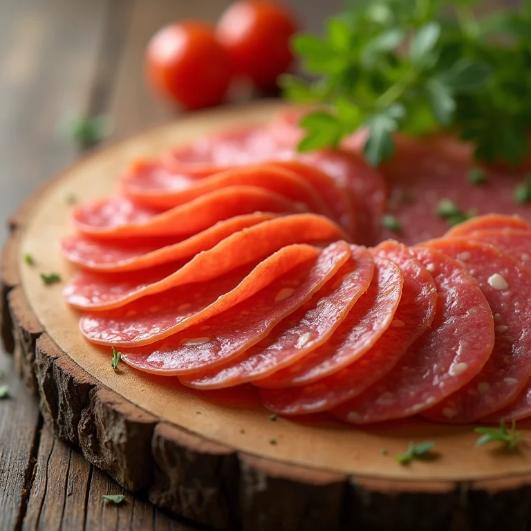 Fatias finas de Mortadela Bologna em uma tábua de madeira rústica.