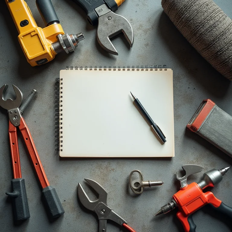 Ferramentas de garagem espalhadas e caderno de planejamento.