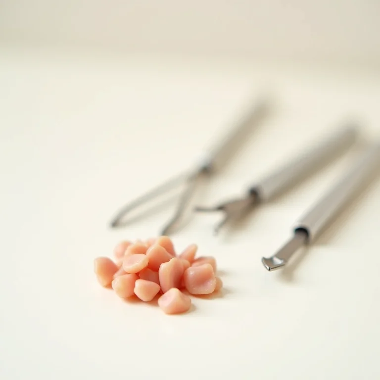 Ferramentas de manicure ao lado de cutículas removidas, representando o erro de remoção completa.