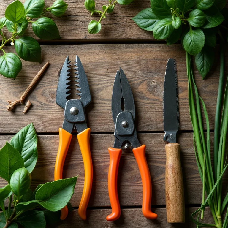 Ferramentas de poda organizadas em um flat lay editorial
