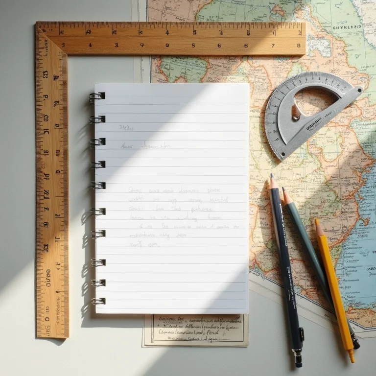 Ferramentas essenciais para leitura de mapas em estilo flat lay.