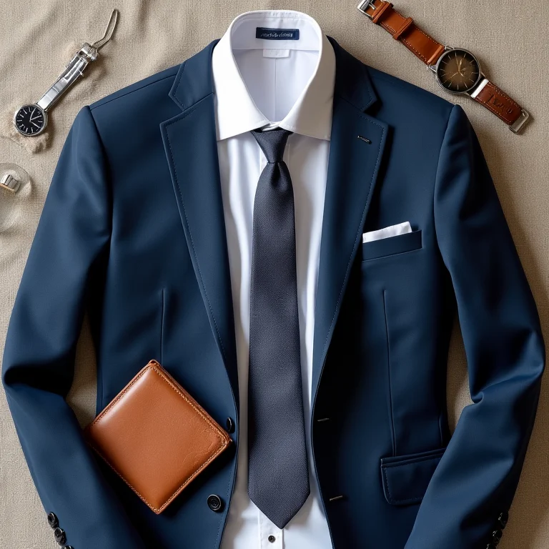 Flat lay com camisa, blazer, gravata e acessórios masculinos.