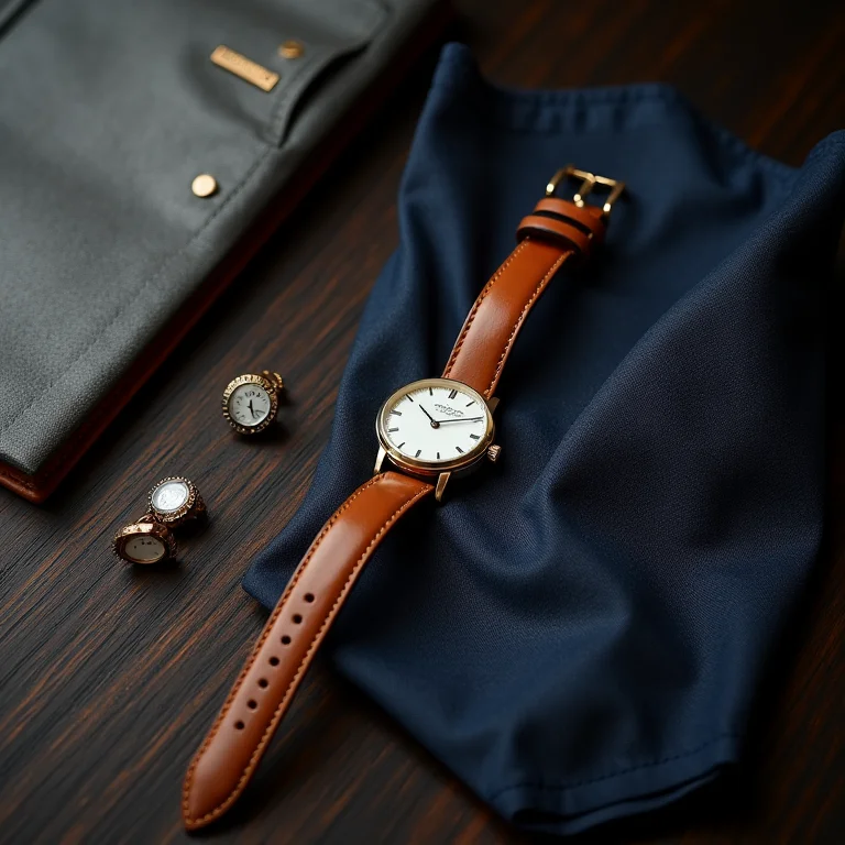 Flat lay com cinto de couro, relógio estiloso, abotoaduras e lenço de bolso.