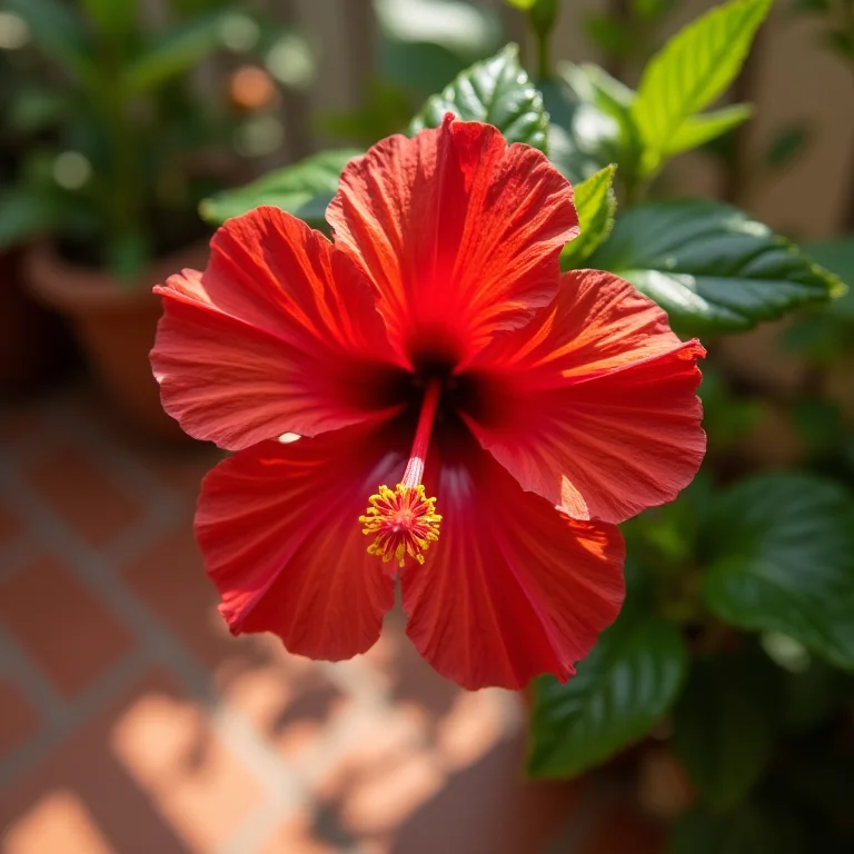 Flor de hibisco vermelha em close-up.
