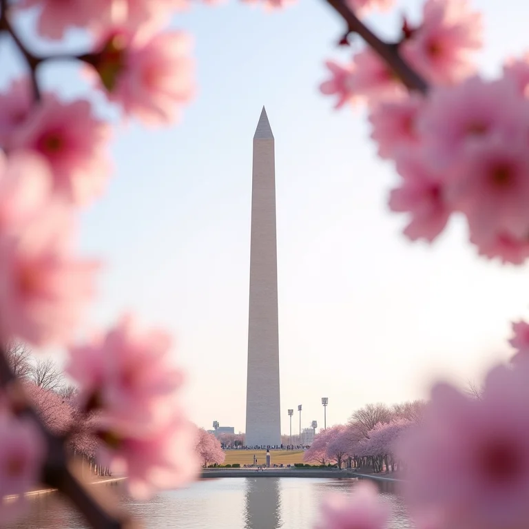 Flores de cerejeira emoldurando o Monumento de Washington