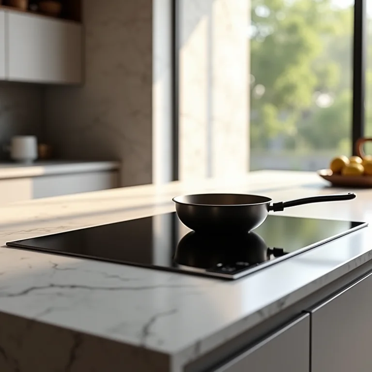 Fogão de indução moderno em ilha de cozinha.