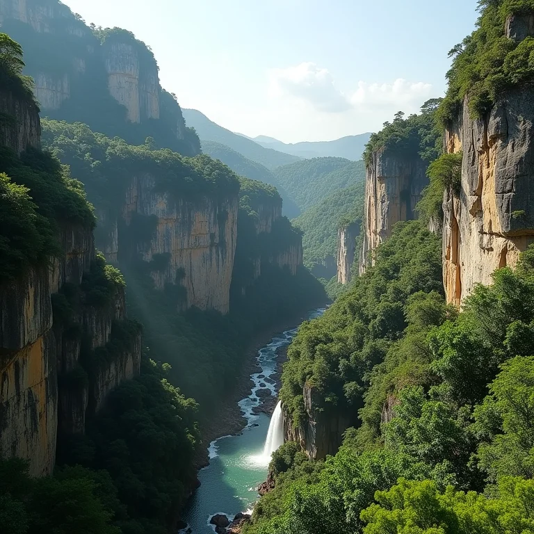 Formações rochosas, cachoeiras e vegetação exuberante na Chapada dos Veadeiros, Goiás.