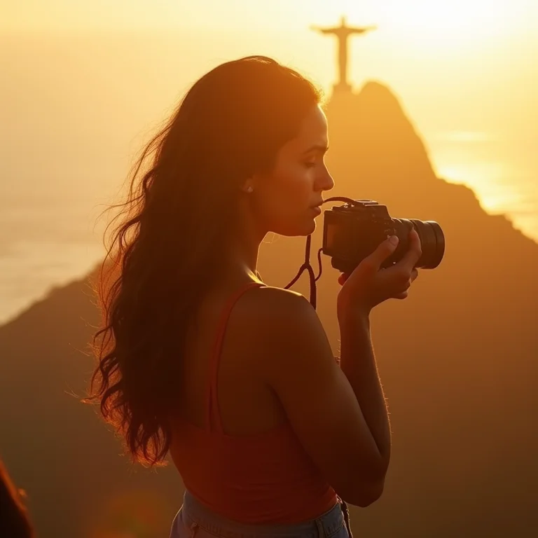 Fotógrafa ajustando as configurações da câmera ao pôr do sol no Rio de Janeiro.