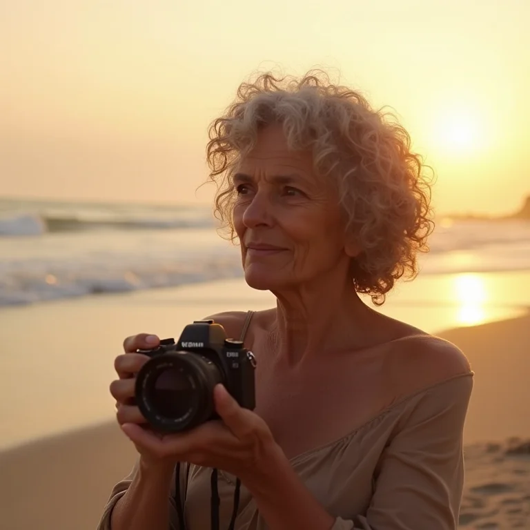 Fotógrafa experiente ajustando as configurações da câmera na praia ao nascer do sol