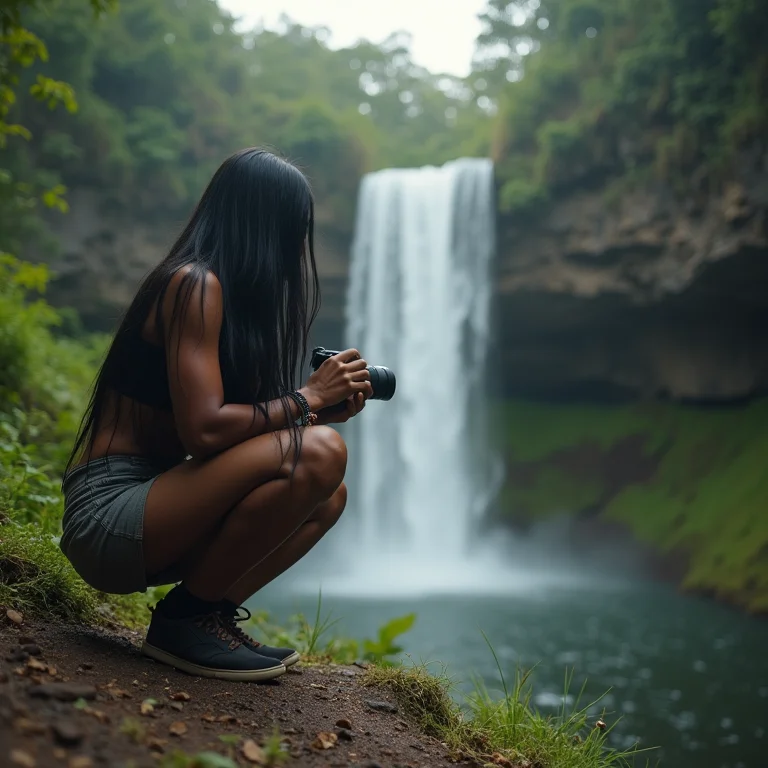 Fotógrafa indígena capturando cachoeira de um ângulo baixo