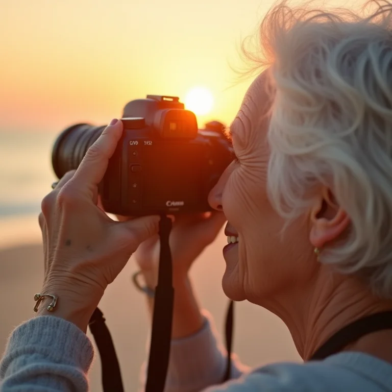 Fotógrafa sênior capturando o pôr do sol na praia.