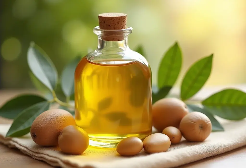 Óleo de Argan: Descubra os segredos que sua pele e cabelo vão amar Frasco de óleo de argan com nozes e folhas verdes