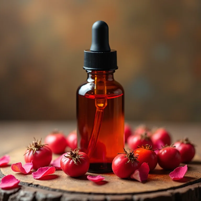 Frasco de óleo essencial de rosa mosqueta com rosas