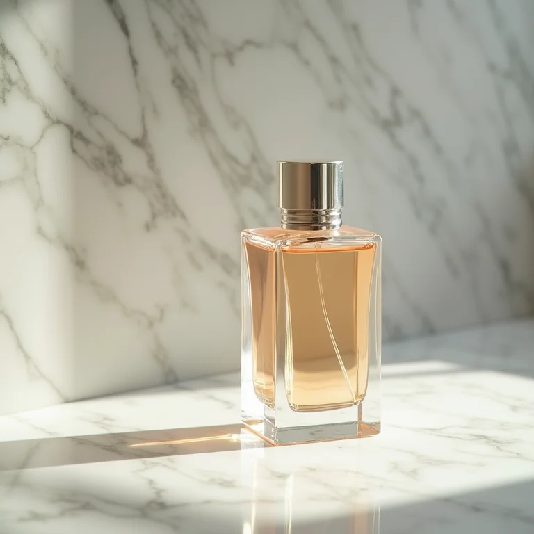 Frasco de perfume sofisticado sobre superfície de mármore.