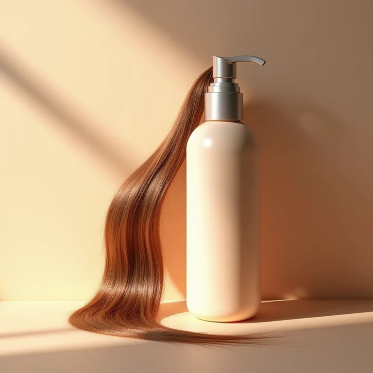 Frasco de tratamento capilar com queratina e mechas de cabelo saudável