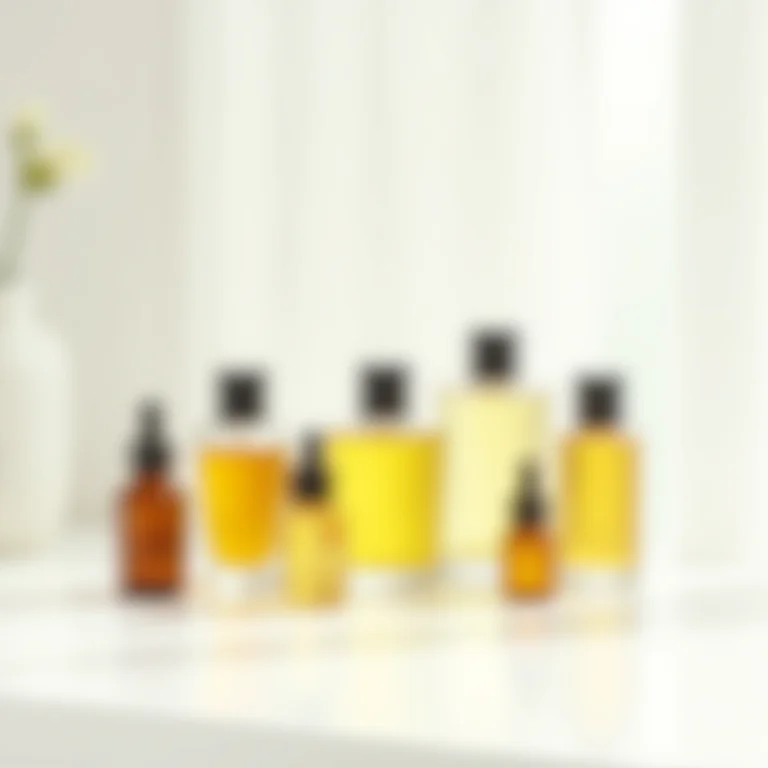 Frascos de óleos capilares em uma superfície branca.