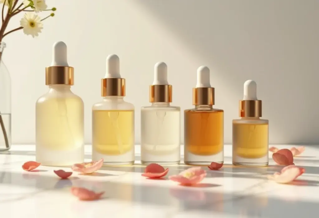 Frascos de sérum facial em fundo de mármore com pétalas.