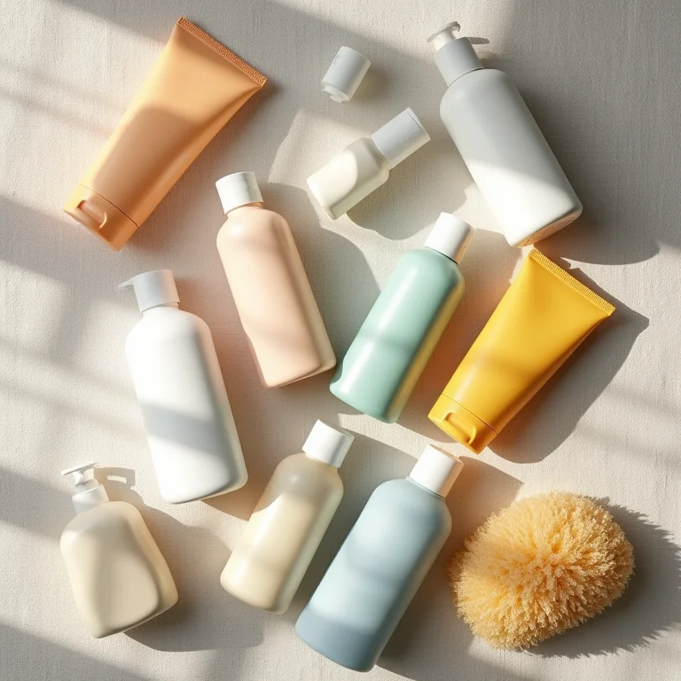 Frascos de shampoo e condicionador em tamanho viagem dispostos em uma superfície de linho.