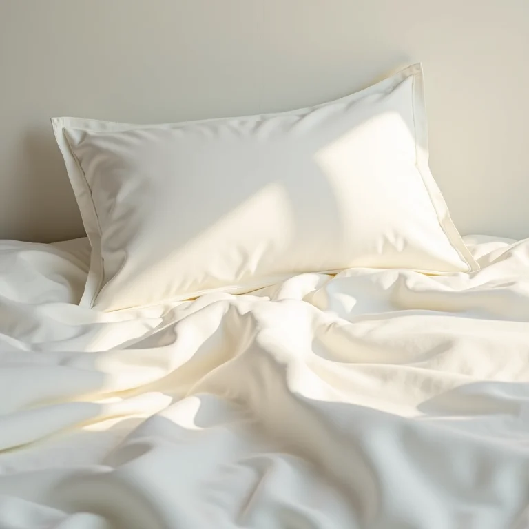 Fronha de seda em uma cama com lençóis brancos.