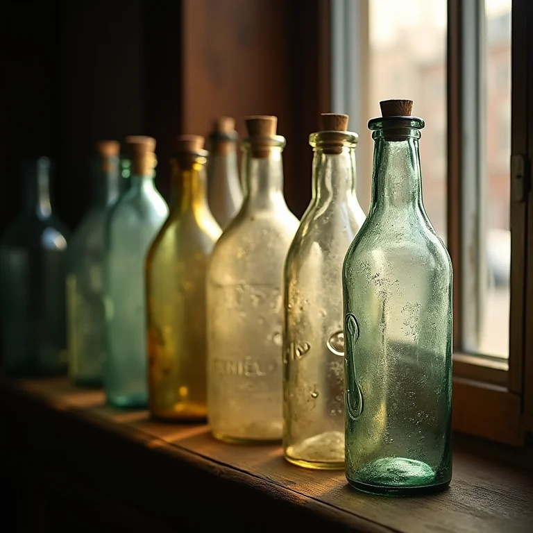 Garrafas de vidro antigas iluminadas por luz natural.