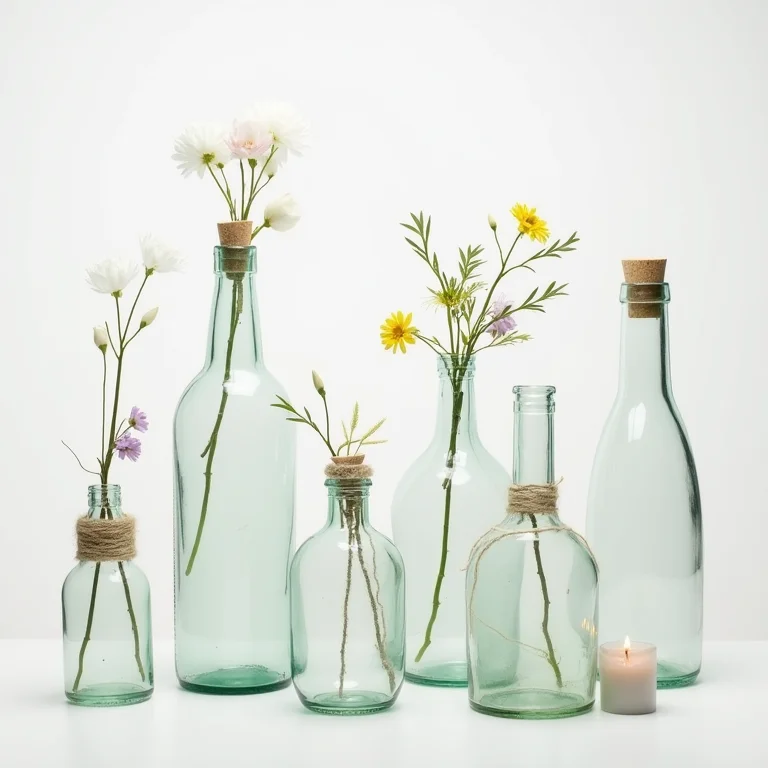 Garrafas de vidro reutilizadas como vasos e luminárias