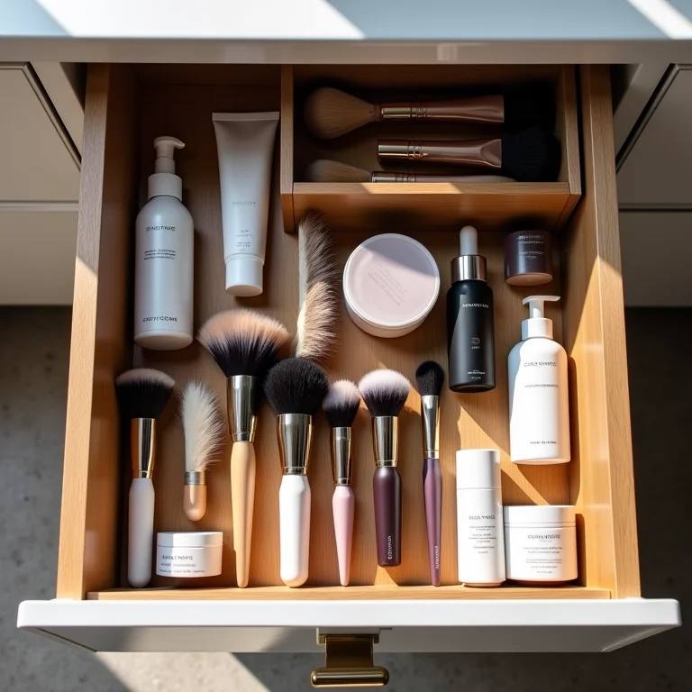 Gavetas da penteadeira organizadas com maquiagem