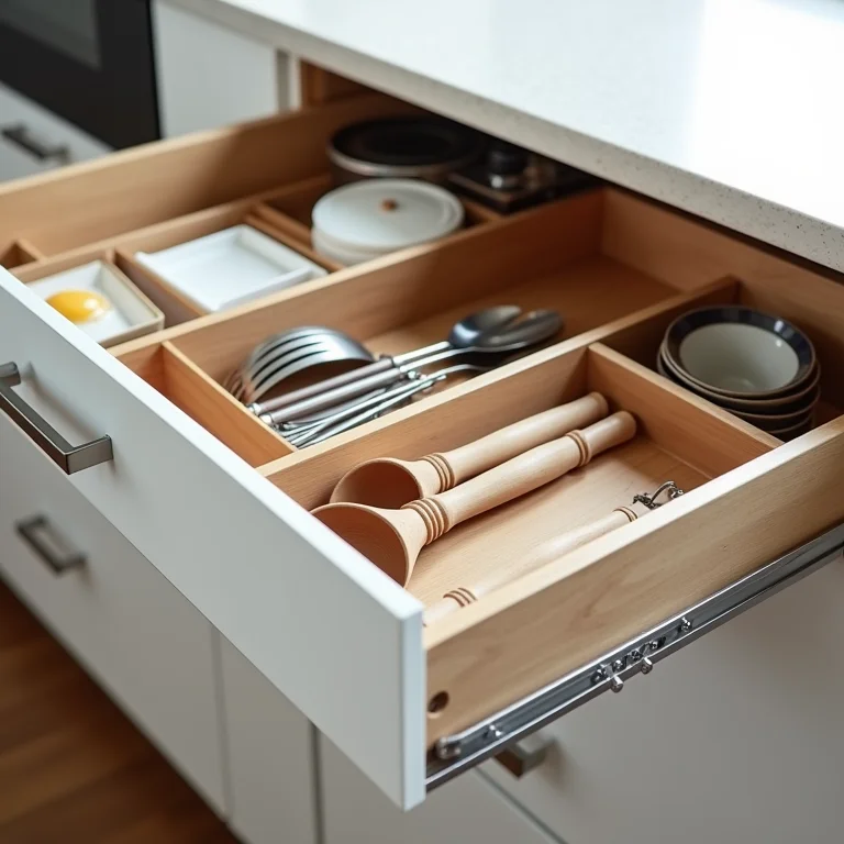 Gavetas de cozinha organizadas com utensílios e potes.
