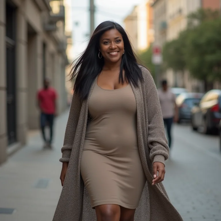 Gestante plus-size estilosa com sobreposição