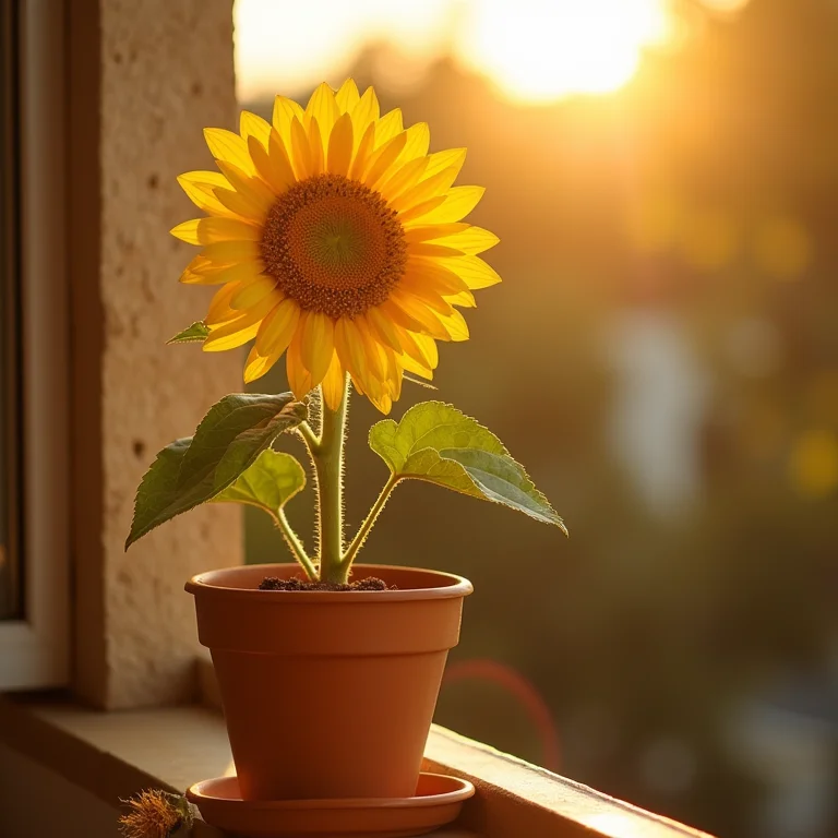 Girassol vibrante em um vaso de terracota.
