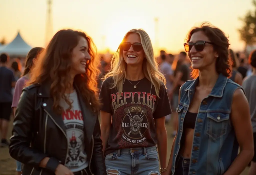 Grupo de amigos curtindo festival de rock com looks autênticos e confortáveis
