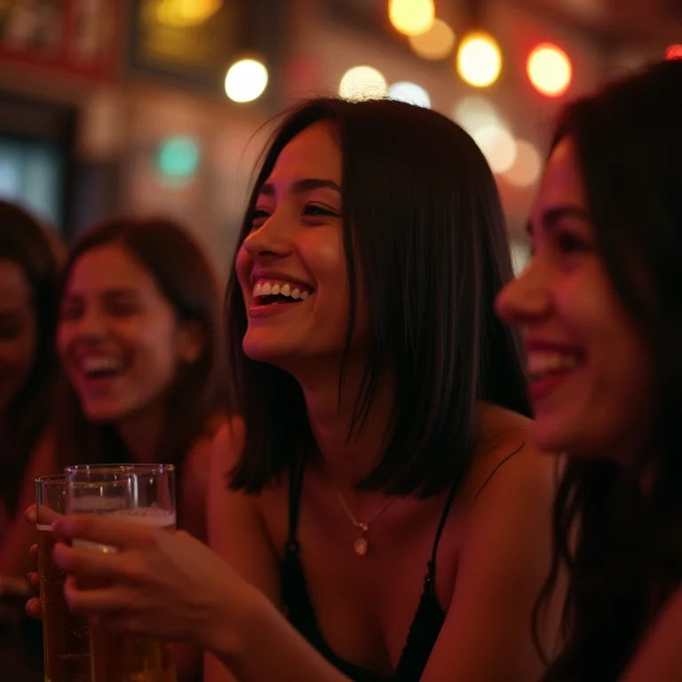 Grupo de amigos, incluindo uma mulher asiático-brasileira, curtindo música ao vivo no Temple Bar, Dublin.