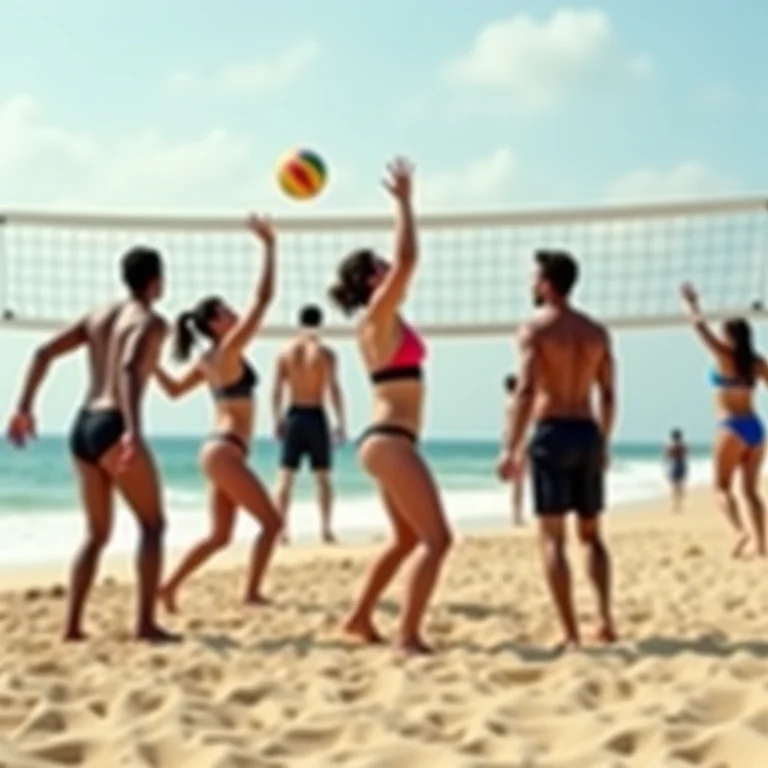 Grupo de amigos jogando vôlei de praia em Copacabana