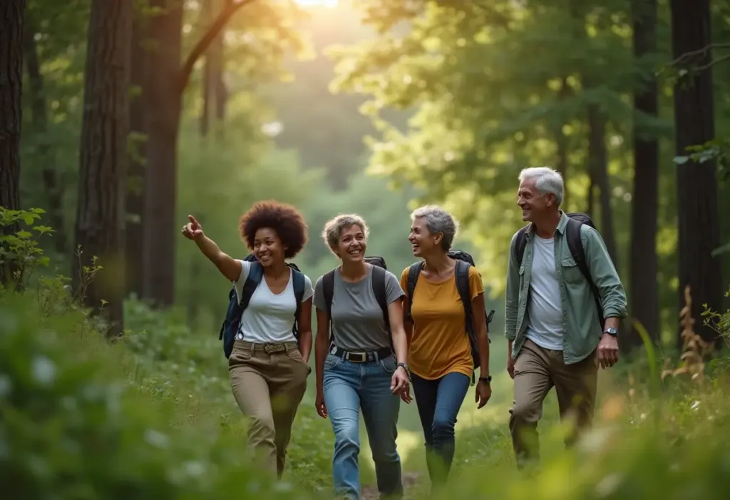 Fotos de parques incríveis: inspire-se para sua próxima aventura! Grupo diverso aproveitando trilha em parque exuberante