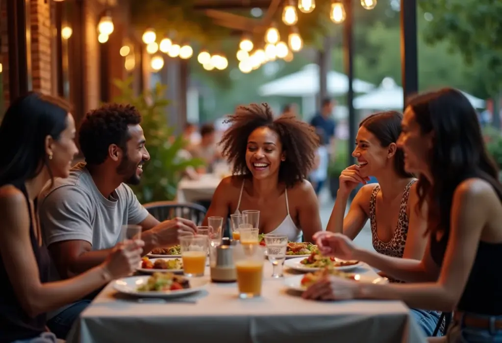 Grupo diverso de amigos jantando em restaurante ao ar livre