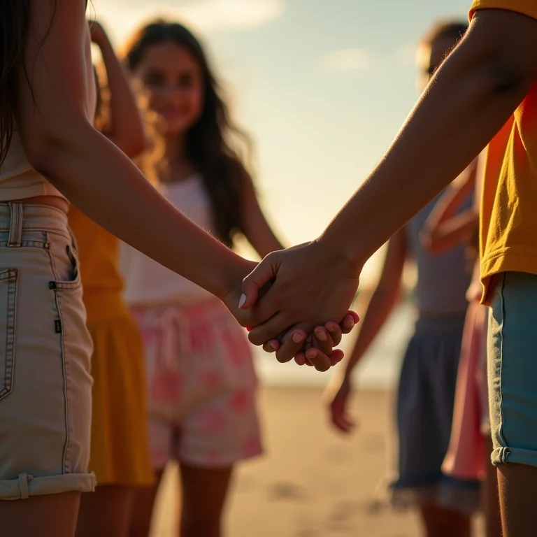 Grupo diverso de meninas de mãos dadas.
