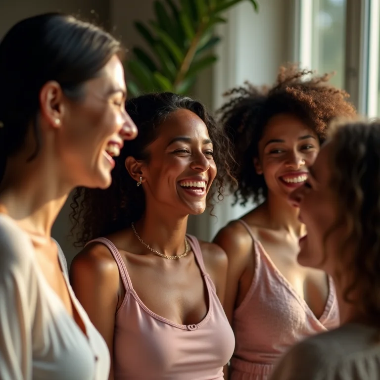 Grupo diverso de mulheres rindo juntas.