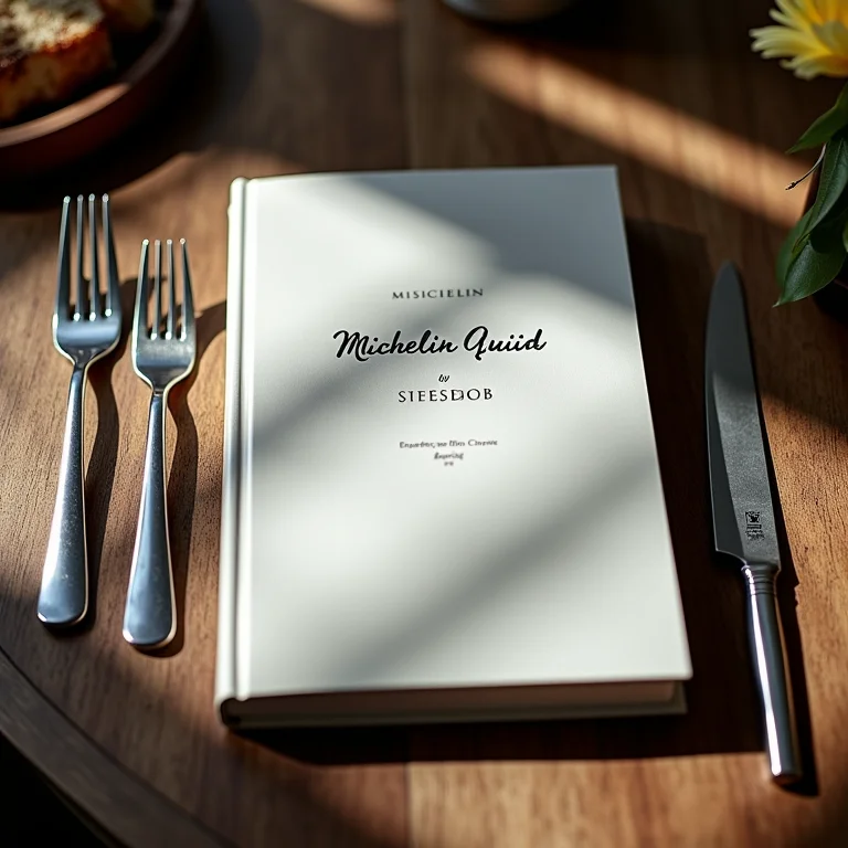 Guia Michelin aberto ao lado de talheres e faca de chef