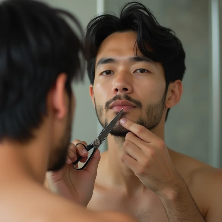 Homem aparando a barba em frente ao espelho