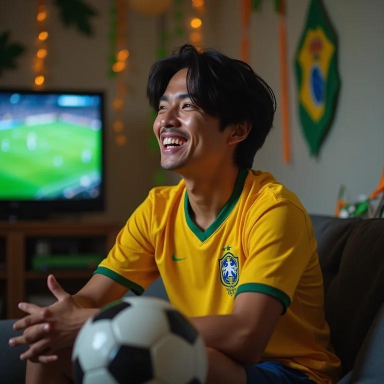 Homem asiático-brasileiro assistindo jogo de futebol em festa temática.